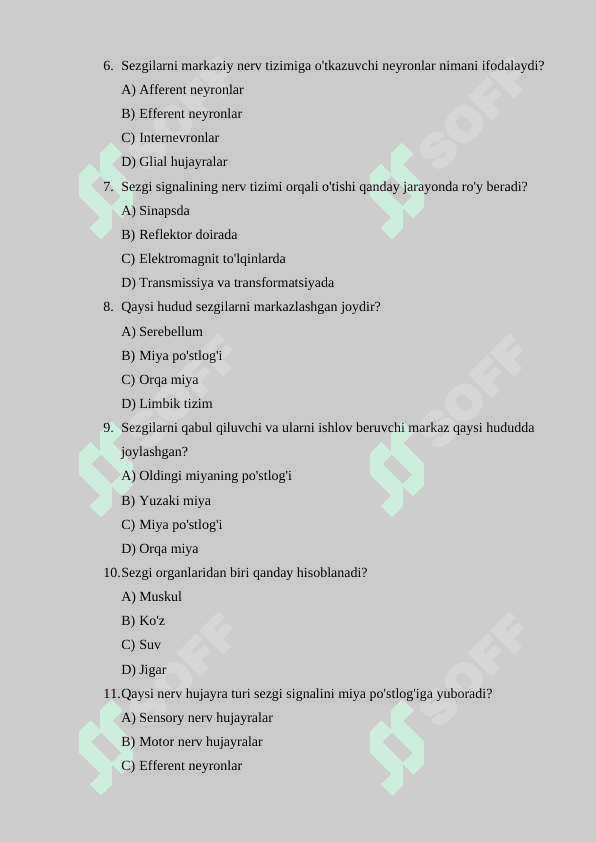 Sezgilarning nerv fiziologik asoslari krossvord test 2