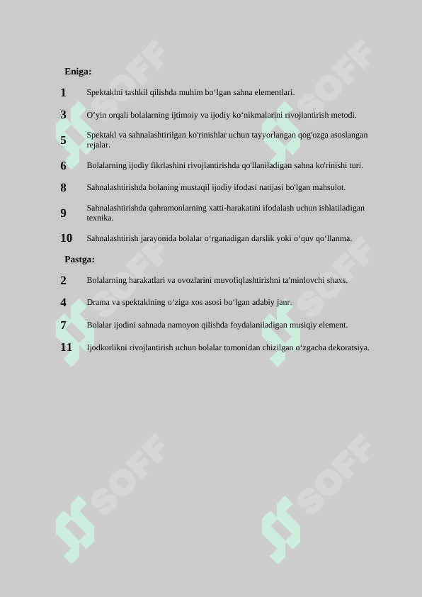 Maktabgacha yoshdagi bolalarning ijodiy faoliyatining turlari krossvord 2
