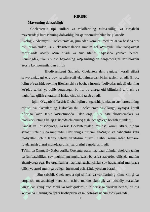 Coelenterata tipi sinflari va vakillarining xilma-xilligi va tarqalishi 3