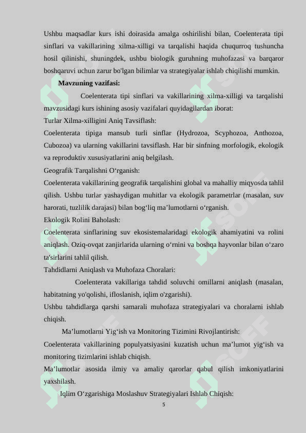 Coelenterata tipi sinflari va vakillarining xilma-xilligi va tarqalishi 5