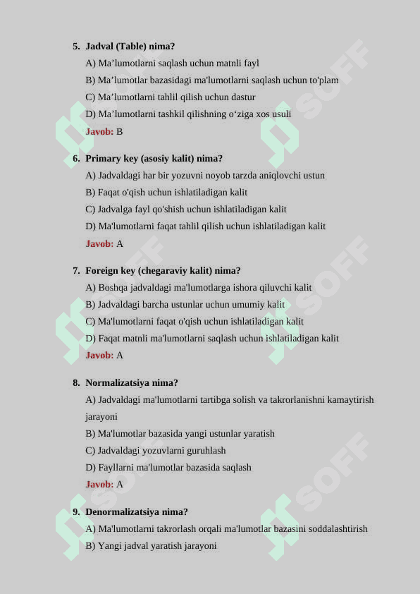 Ma’lumotlar bazasi boʻyicha 30 ta test savollari va ularning javoblari: 2