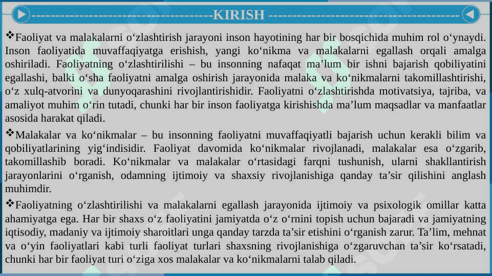 Faoliyatning o'zlashtirilishi va malakalarni egallash. 3