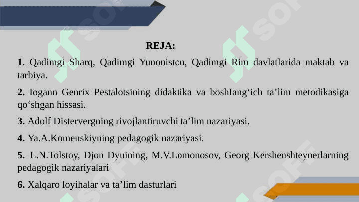 Eng qadimgi  davrlardan XIX asrning  birinchi yarmida jahon pedagogika fanining rivojlanish tarixi. XIX asrning ikkinchi yarmi – XX asrning jahon pedagogika  fanining  rivoji. Hozirgi davrda jahon mamlakatlari ta’lim tizimi va pedagogika fani rivoji. 2