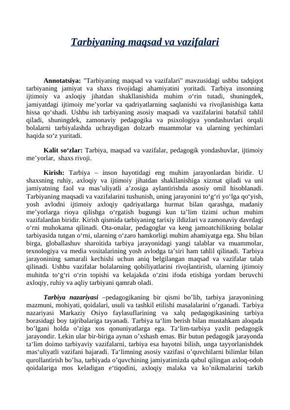 Tarbiyaning maqsad va vazifalari