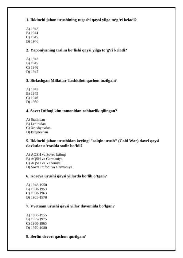 Jahon tarixidan testlar