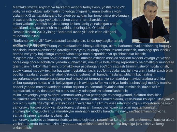 Davlatimizning yosh avlodni tarbiyalash va sog’lig’ini himoya qilish yo’lidagi olib borayotgan ishlari 3