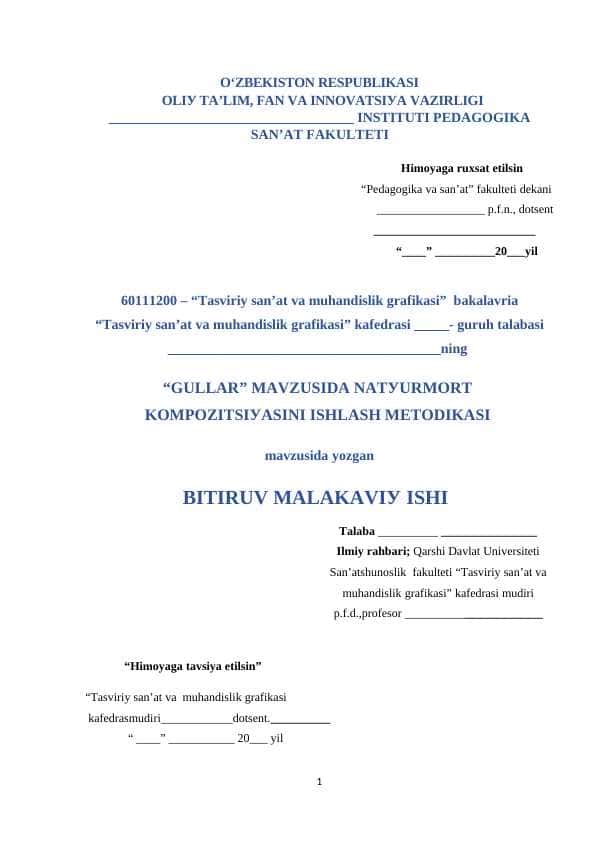 “GULLAR” MAVZUSIDA NATУURMОRT KОMPОZITSIУASINI ISHLASH METОDIKASI