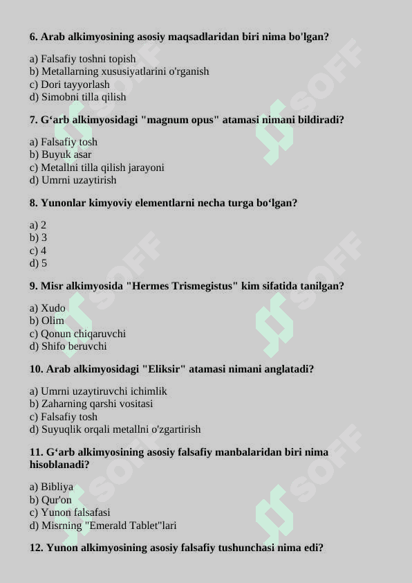 Gʻarb albkimyosi arab albkimyosi yunon Misr alkimyosi testGʻarb albkimyosi arab albkimyosi yunon Misr alkimyosi test 2