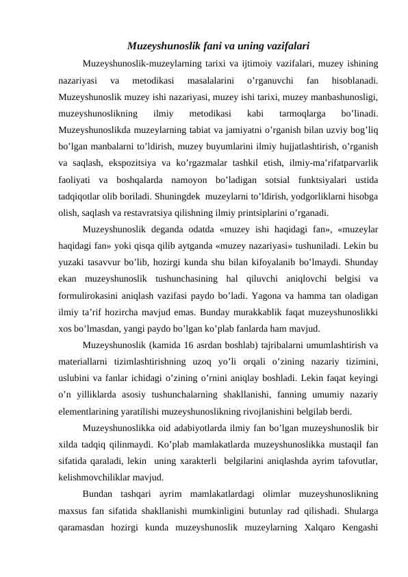 Muzeyshunoslik fani va uning vazifalari