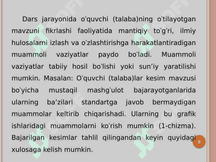 Chizmachilik o‘qitishning mazmuni, tamoyillari va metodlari. Dars mashg‘ulotlarini rejalashtirish 8