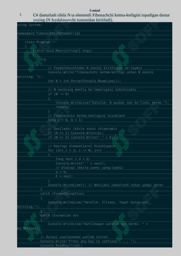 C# dasturlash tilida masalalar va ularning yechimlari 5