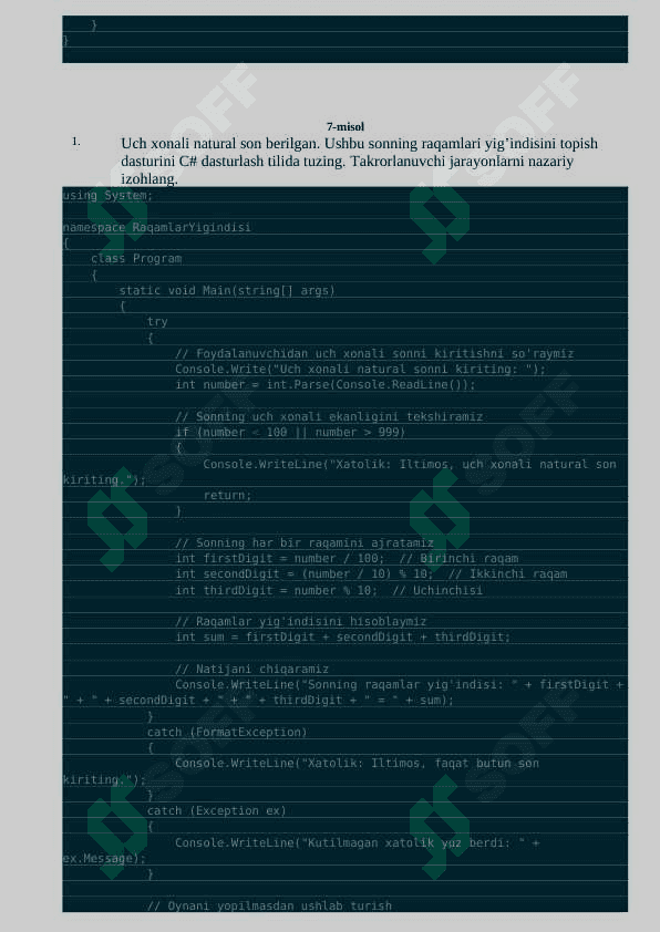 C# dasturlash tilida masalalar va ularning yechimlari 7