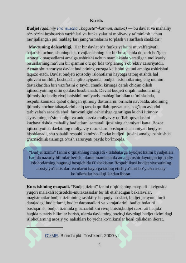 O’zbekiston Respublikasining budjet  jarayonini boshqarish va tartibga solish organlari,ular faoliyatini muvofiqlashtirish mavzusi bo’yicha tayyorlagan 4