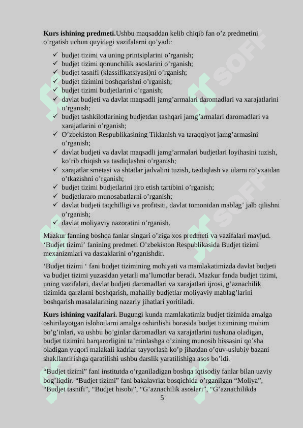 O’zbekiston Respublikasining budjet  jarayonini boshqarish va tartibga solish organlari,ular faoliyatini muvofiqlashtirish mavzusi bo’yicha tayyorlagan 5