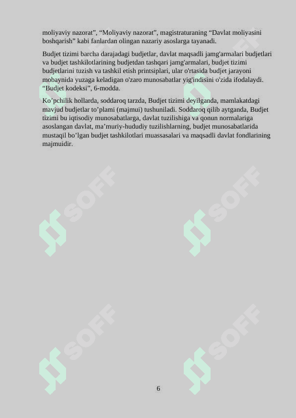 O’zbekiston Respublikasining budjet  jarayonini boshqarish va tartibga solish organlari,ular faoliyatini muvofiqlashtirish mavzusi bo’yicha tayyorlagan 6