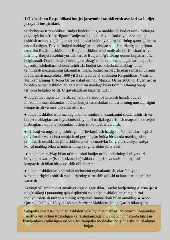 O’zbekiston Respublikasining budjet  jarayonini boshqarish va tartibga solish organlari,ular faoliyatini muvofiqlashtirish mavzusi bo’yicha tayyorlagan 7