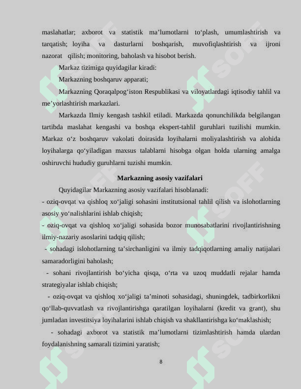 Amaliyot hisoboti (OZIQ-OVQAT VA QISHLOQ XO‘JALIGI SOHASIDA STRATEGIK RIVOJ-LANISH VA TADQIQOTLAR XALQARO MARKAZI) 8