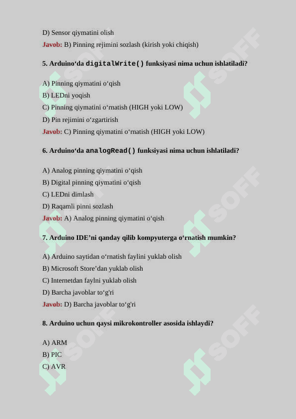 Arduino boʻyicha 30 ta test savollari va ularning  javoblari bilan 2