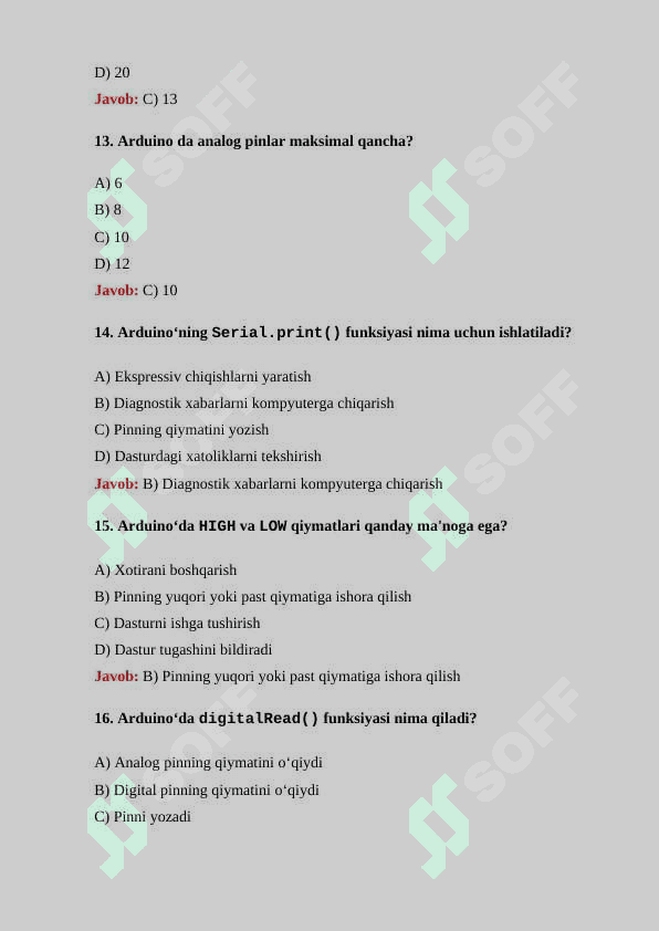 Arduino boʻyicha 30 ta test savollari va ularning  javoblari bilan 4