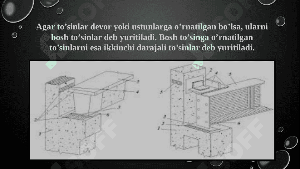 Bosh to'sinni umumiy va alohida elementlarining turg'unligi bajarilish shartlari. Bosh to'sinni tokchasi bilan devorchasini birgalikda ishlash shartlari. 2