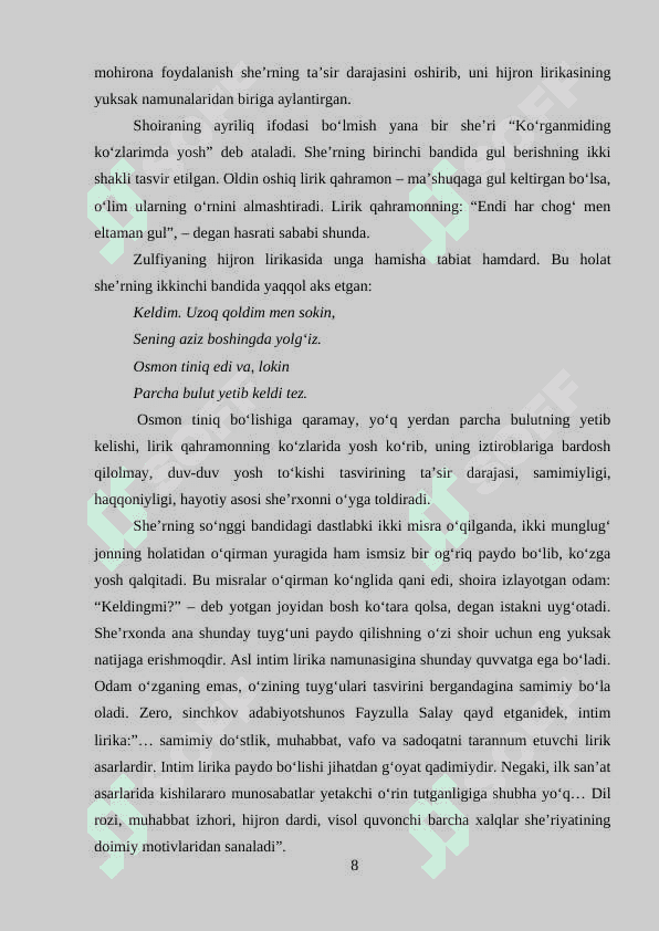 ZULFIYA SHE’RIYATIDA VATAN VA HIJRON MOTIVLARI 8