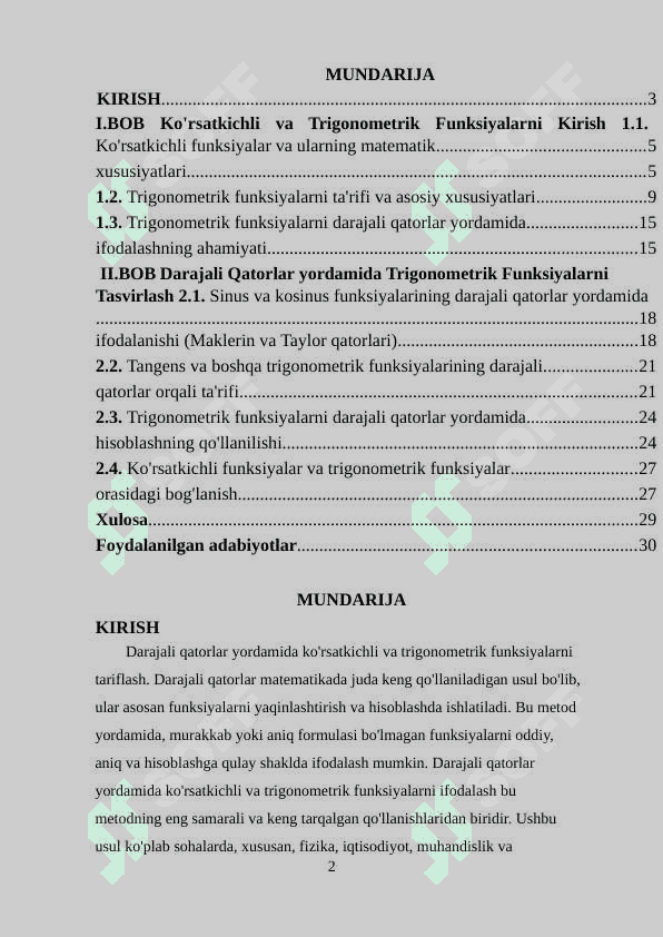 Darajali qatorlar yordamida ko'rsatkichli, trigonometrik funksiyalarni tariflash 2