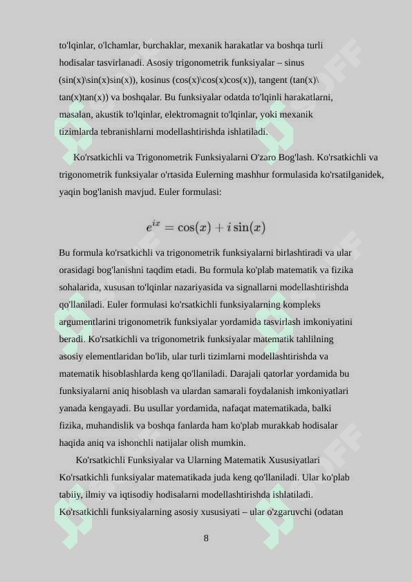 Darajali qatorlar yordamida ko'rsatkichli, trigonometrik funksiyalarni tariflash 8