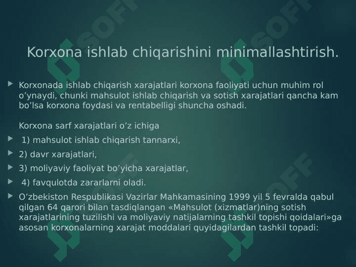 Mavzu:Ishlab chiqarish xatajatlarini minimallashtirish shartlari va korxonaning ishlash nuqtasini hisoblash yo’llari. 3