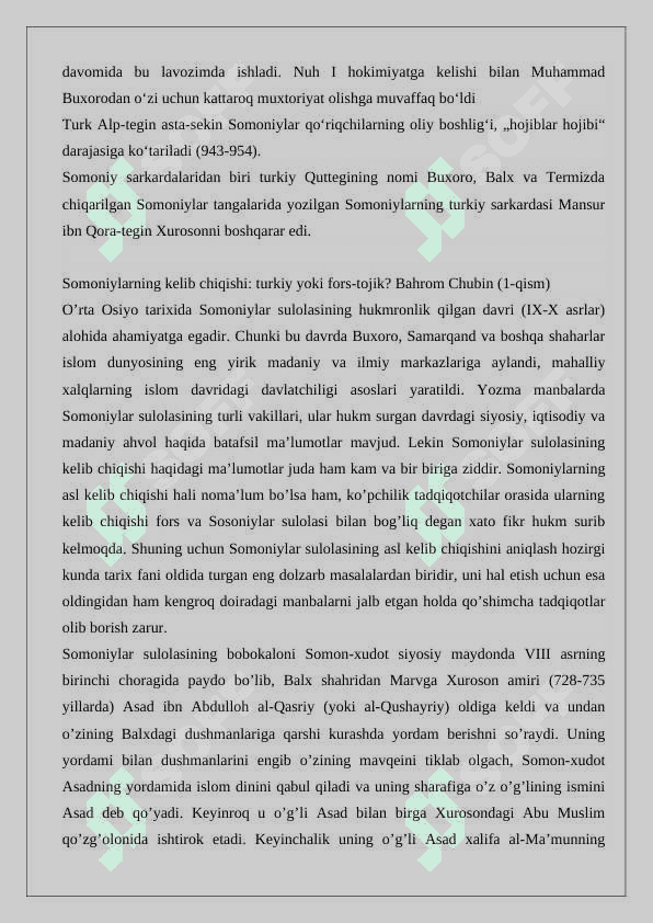 Somoniylar sulolasining hokimiyatga kelishi va X asr birinchi 4