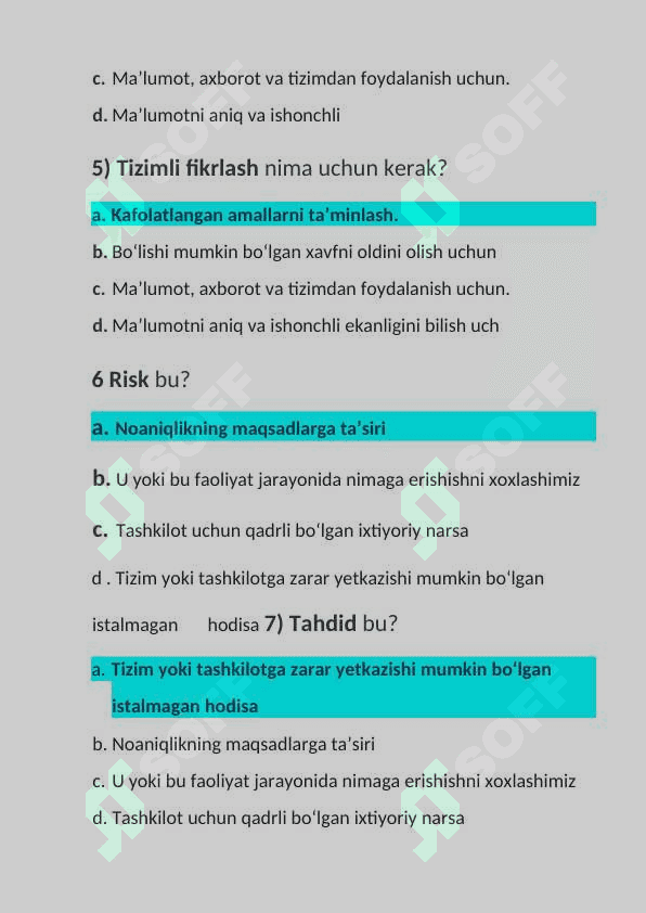 Kiberxavfsizlik asoslari fanidan yakuniy baza testi 2-kurs, TATU. 2