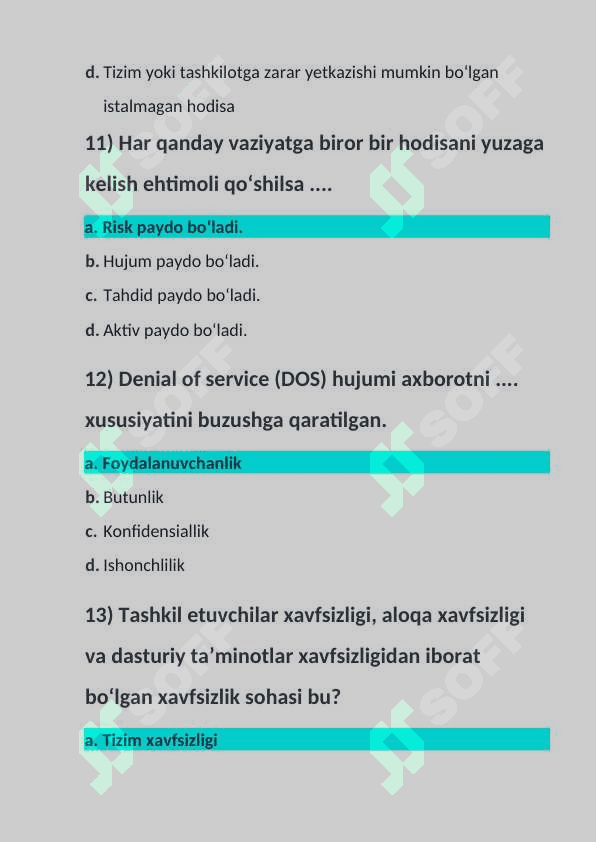 Kiberxavfsizlik asoslari fanidan yakuniy baza testi 2-kurs, TATU. 4