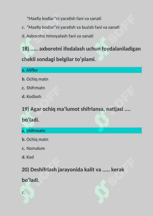 Kiberxavfsizlik asoslari fanidan yakuniy baza testi 2-kurs, TATU. 7