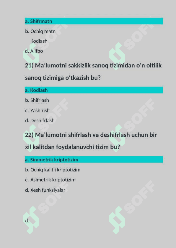 Kiberxavfsizlik asoslari fanidan yakuniy baza testi 2-kurs, TATU. 8