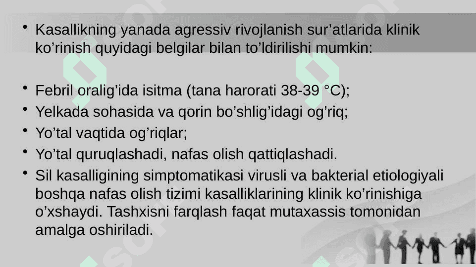 Sil kasalligi. Sil kasalligida og’iz bo’shlig’ida bo’ladigan o’zgarishlar. Ularni tashxislash va davolash. 6