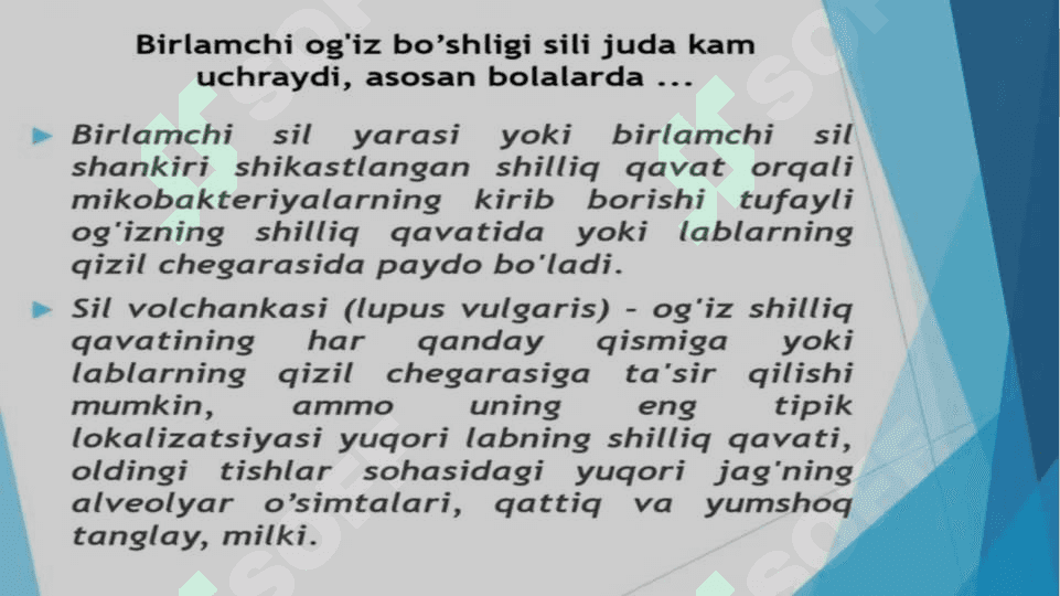 Sil kasalligi. Sil kasalligida og’iz bo’shlig’ida bo’ladigan o’zgarishlar. Ularni tashxislash va davolash. 8