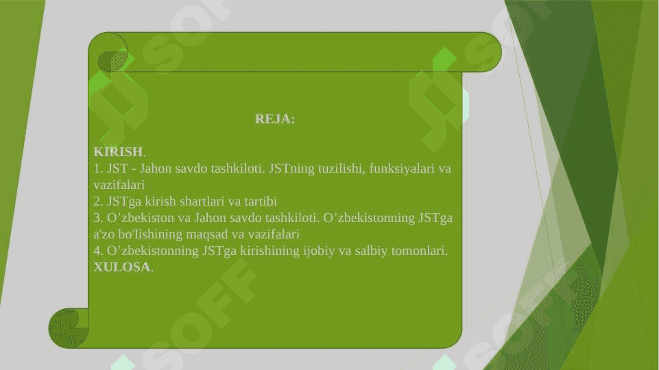 O'zbekiston Respublikasining butun jahon savdo tashkilotiga a'zo bo'lib kirish masalalari. 2