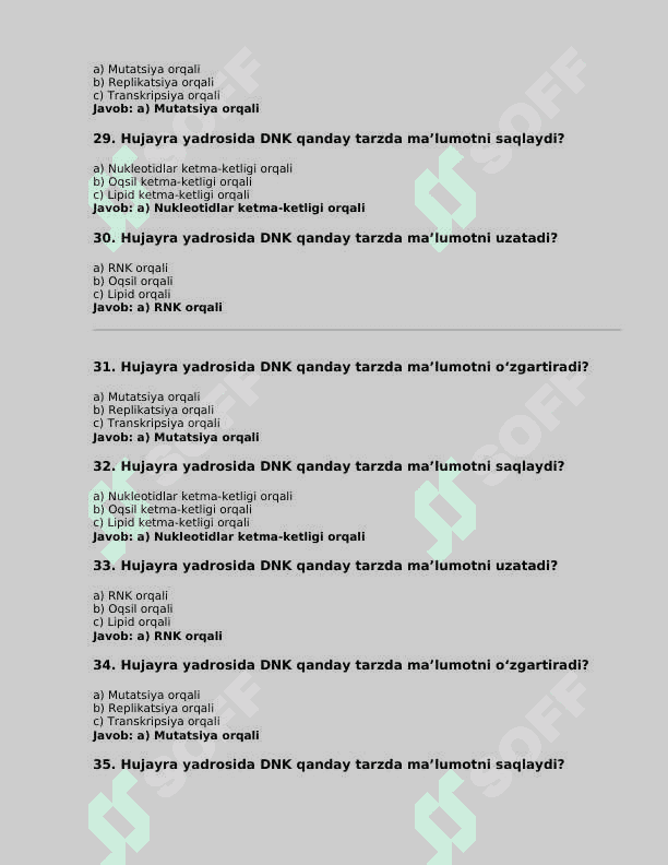 Hujayra biologiyasi bo'yicha testlar (150 ta test) 5