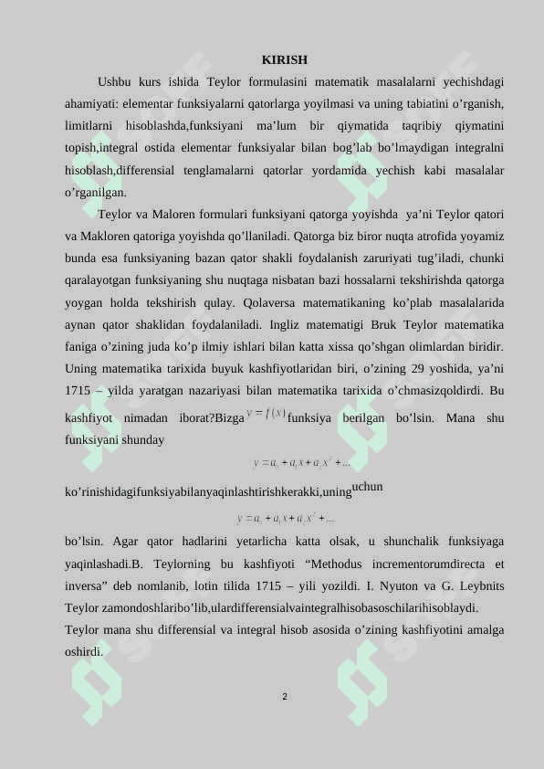 Ko‘phad uchun Teylor formulasi. Ixtiyoriy funksiyaning Teylor formulasi va uning qoldiq hadlari. Ba’zi funksiyalarning Teylor formulalari 2