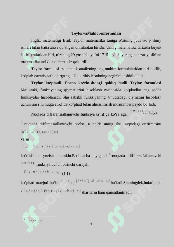 Ko‘phad uchun Teylor formulasi. Ixtiyoriy funksiyaning Teylor formulasi va uning qoldiq hadlari. Ba’zi funksiyalarning Teylor formulalari 4