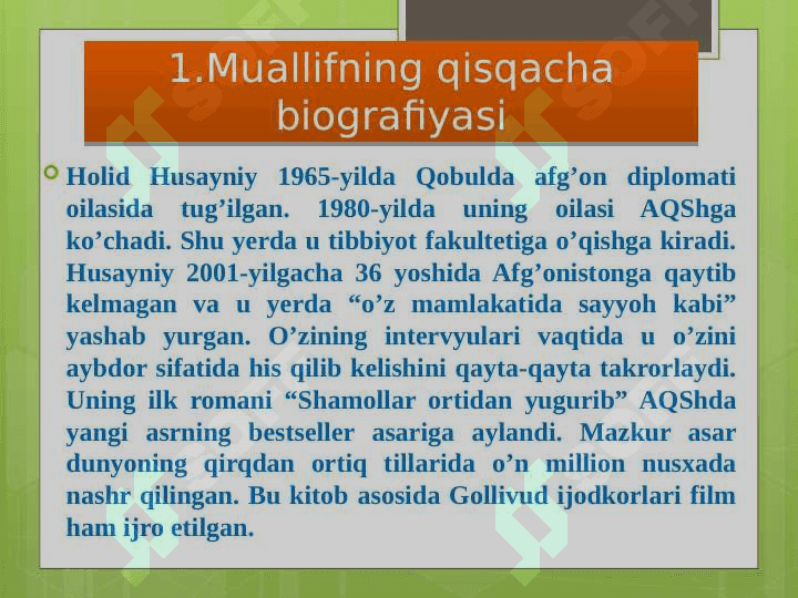 Badiiy asar tahlili /Ming quyosh shu’lasi
Xolid Xusayniy  asari  bo’yicha 3