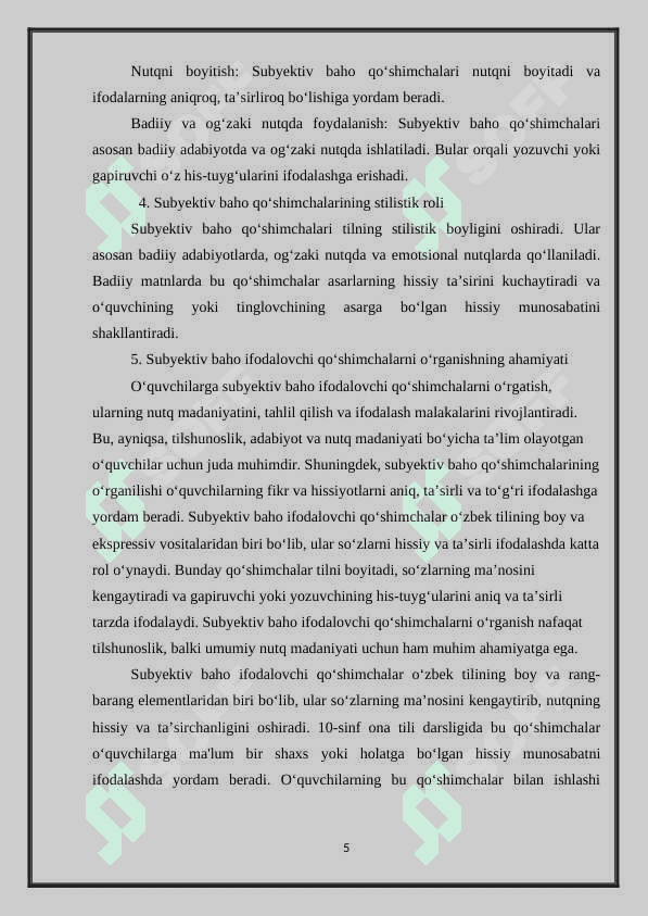 O‘QUVCHILARNING SUBYEKTIV  BAHO IFODALOVCHI QO‘SHIMCHALAR USLUBIYATI USTIDA ISHLASH MALAKALARINI RIVOJLANTIRISH (10-SINF MISOLIDA) 6