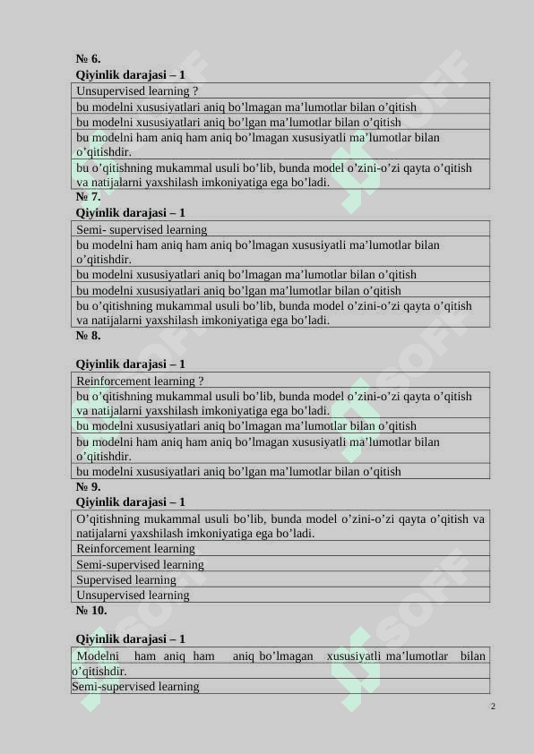 Mashinali o'qitishga kirish fanidan yakuniy baza testi 3-kurs TATU. 2