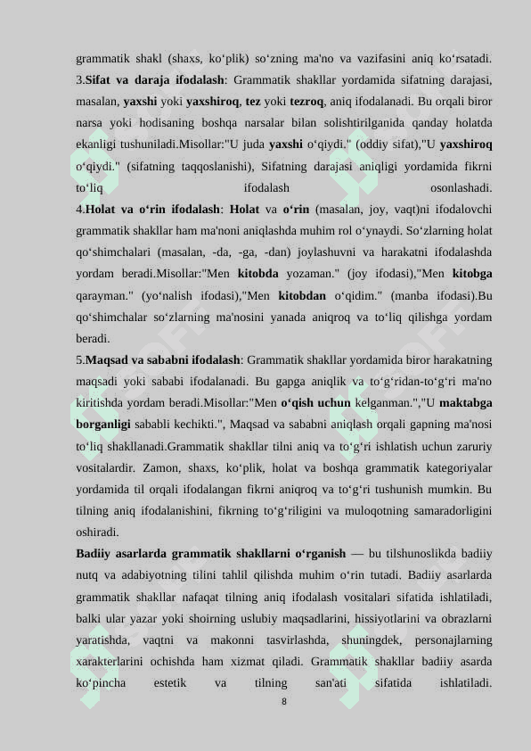 O’zbek tilida sozlarning  grammatik shakli badiiy asar misolida 8
