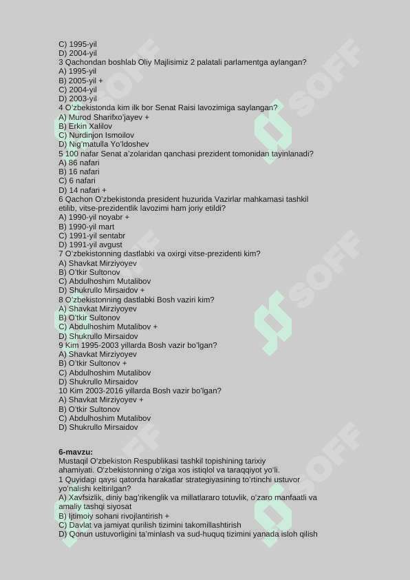 O'zbekistonning eng yangi tarixi fanidan yakuniy baza testi 1-kurs TATU. 6