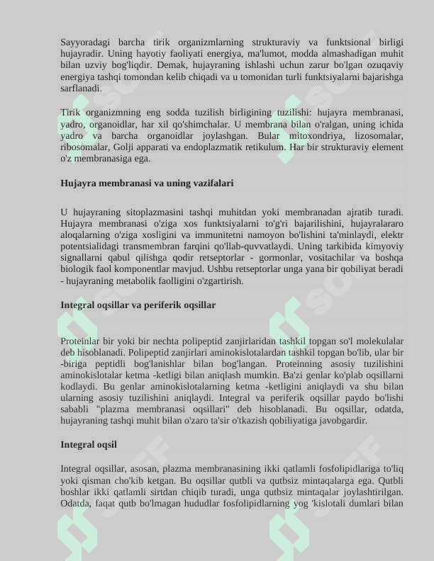 Membranalar tarkibi .integral va periferik oqsillar va ularning vazifasi 3