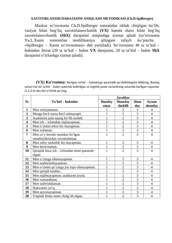 XAVOTIRLANISH DARAJASINI ANIQLASH METODIKASI