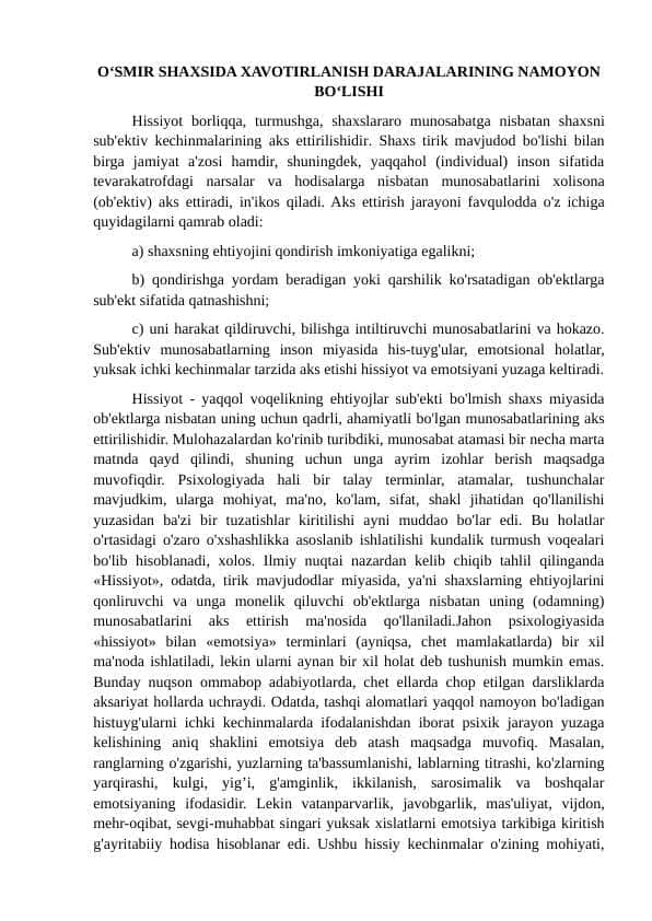 O‘SMIR SHAXSIDA XAVOTIRLANISH DARAJALARINING NAMOYON BO‘LISHI