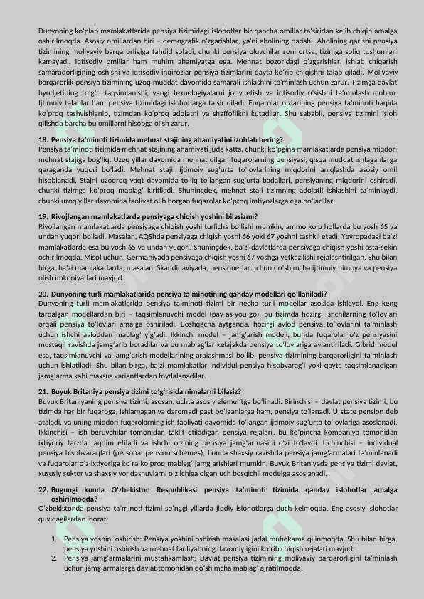 Pensiya Ishi Yakuniy savollar Javoblari 5