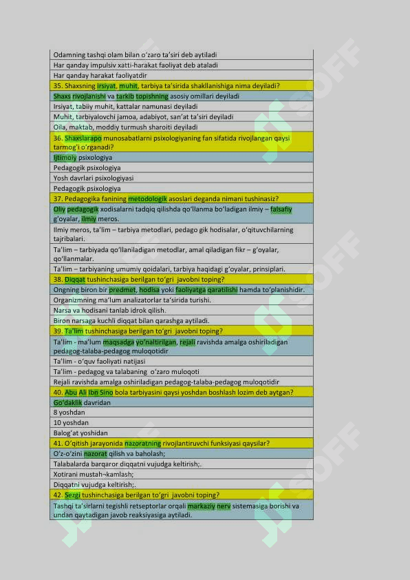Pedagogika va psixologiya fanidan yakuniy baza testi 3-kurs TATU. 5