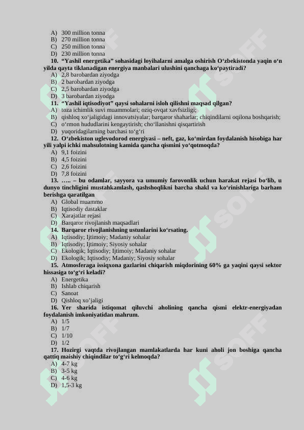 YASHIL IQTISODIYOT” FANIDAN TESTLAR BAZASI (YAKUNIY NAZORAT UCHUN 2